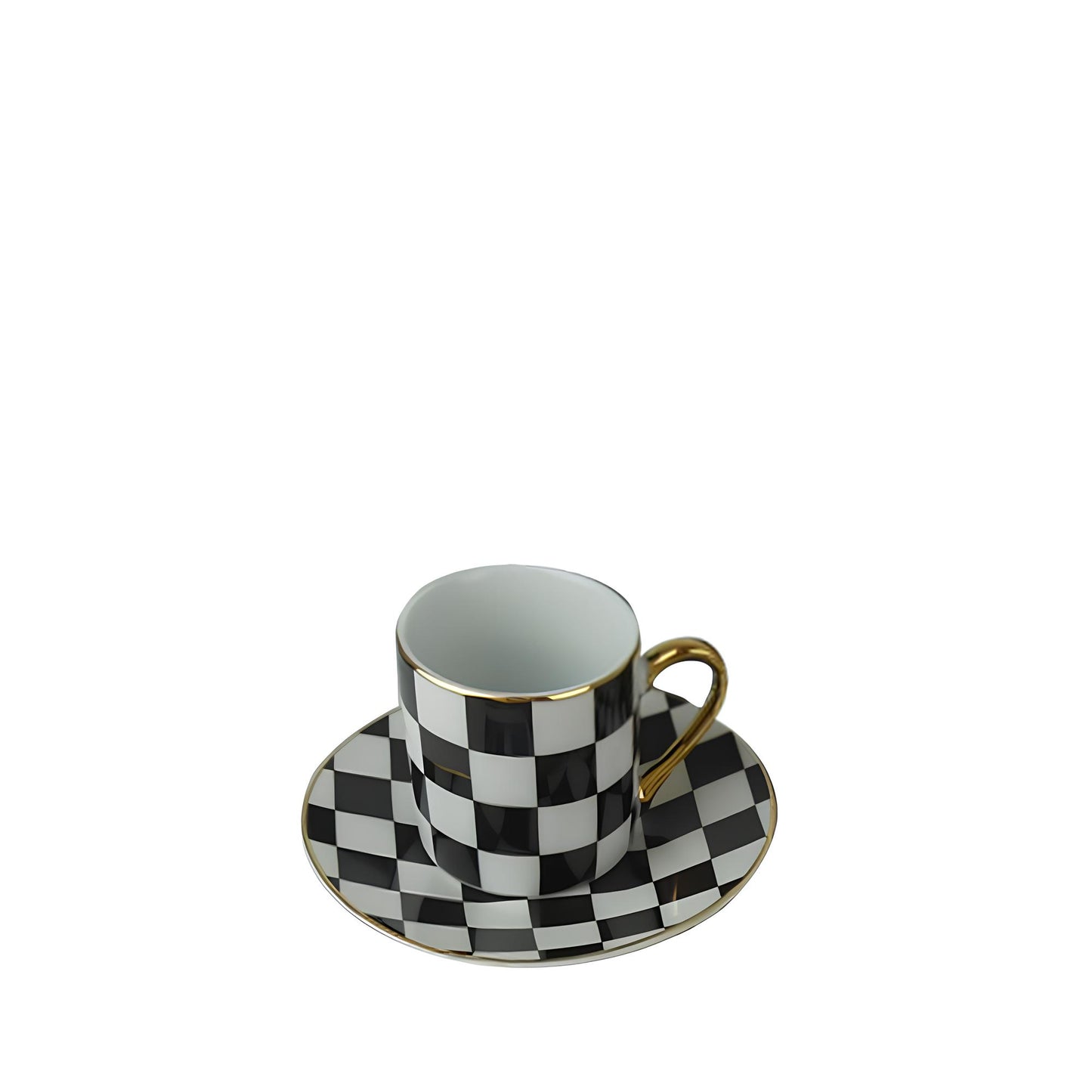 Tazzine per caffè tipo espresso con piattino, bordate in oro e decoro a scacchi bianchi e neri