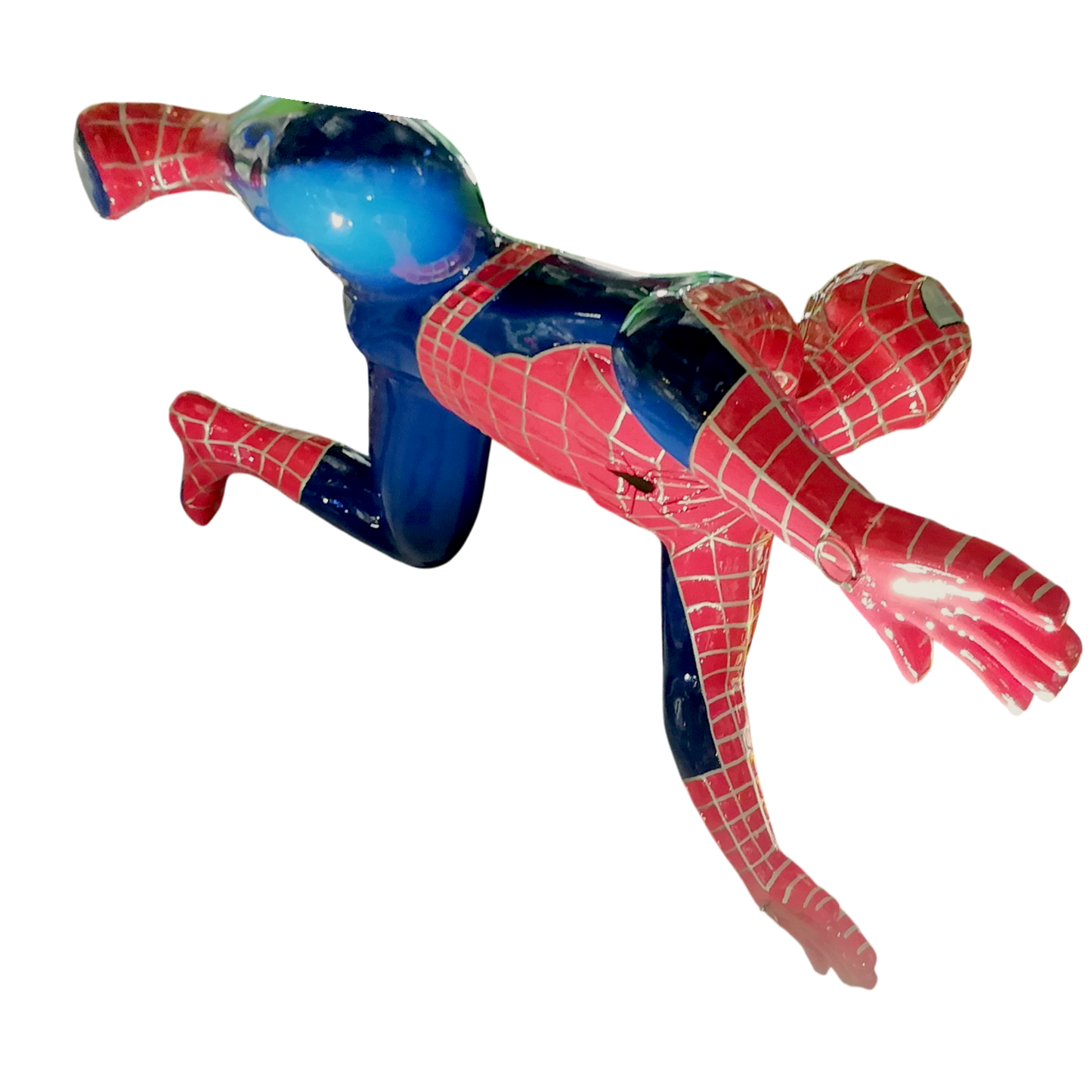 Statua Spiderman Uomo Ragno da appendere per un effetto scenico. vista dal basso