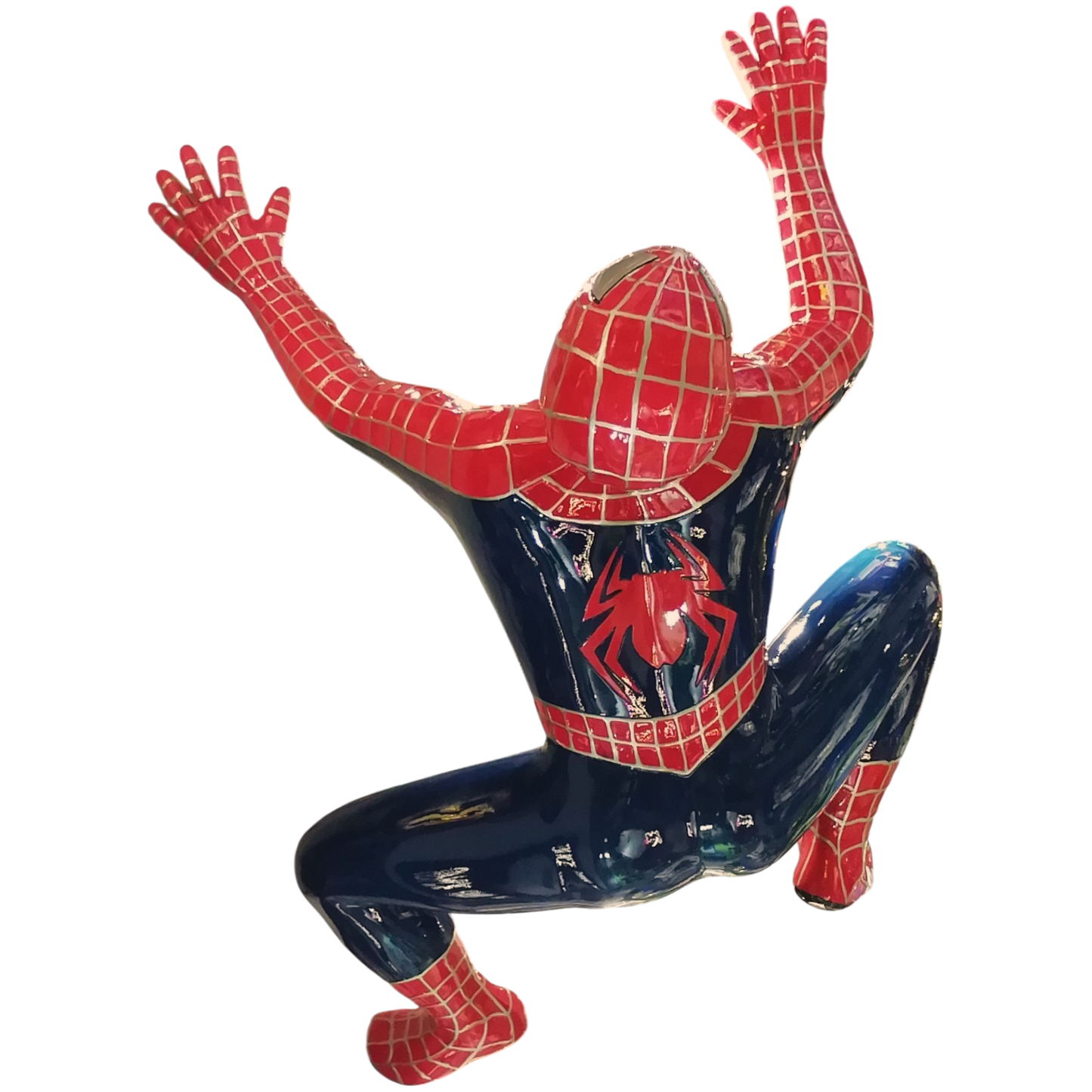 Statua Spiderman Uomo Ragno da appendere per un effetto scenico. vista superiore