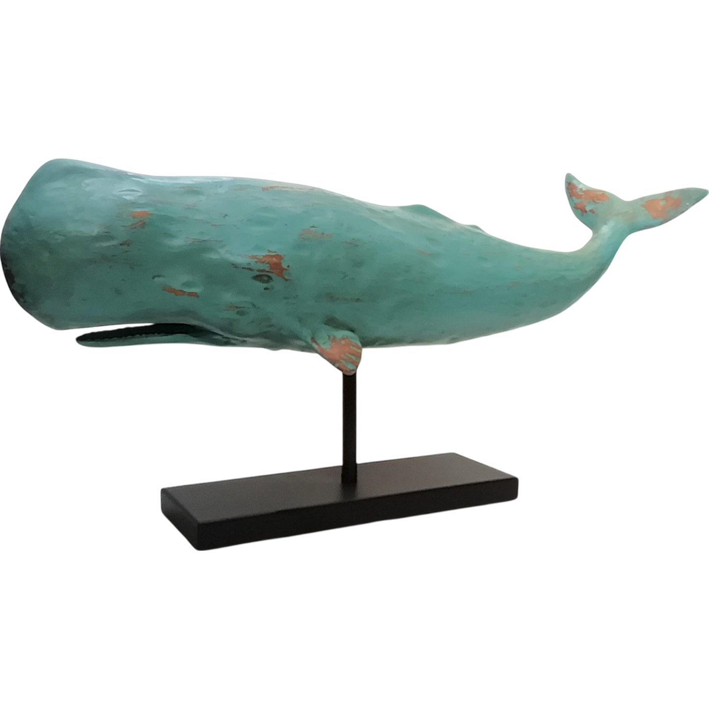 Balena scultura in resina azzurra su piedistallo con base in legno nero