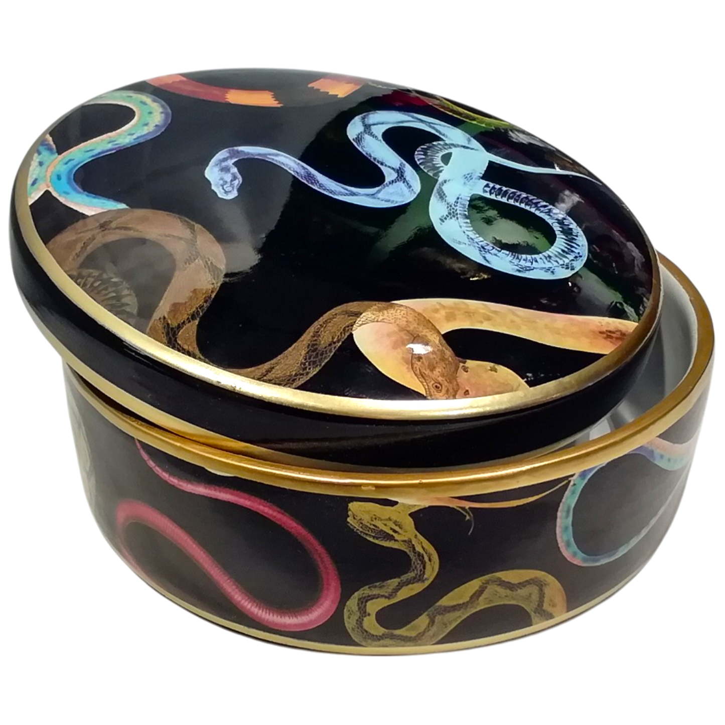 Scatola Portaoggetti Tonda in Ceramica Smaltata nera con figure di Serpenti e Oro