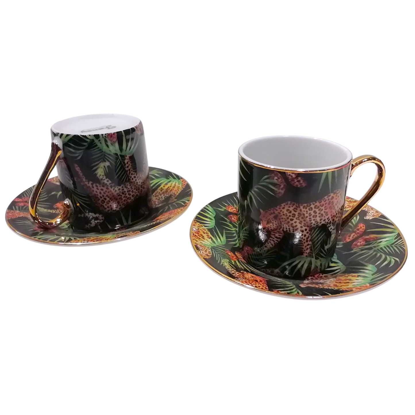 Tazzine per caffè tipo espresso con piattino, bordate in oro e decoro con figure di leopardi