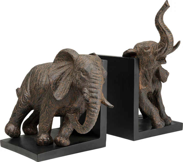 Coppia Elefanti Fermalibri in Resina Marmorea di colore Grigio con Base Legno nera Antiscivolo