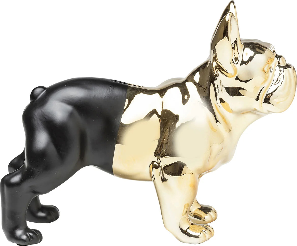 Cane Buldog fedele guardia per i vostri risparmi. Salvadanaio realizzato in Gres smaltato in oro e nero opaco. vista laterale