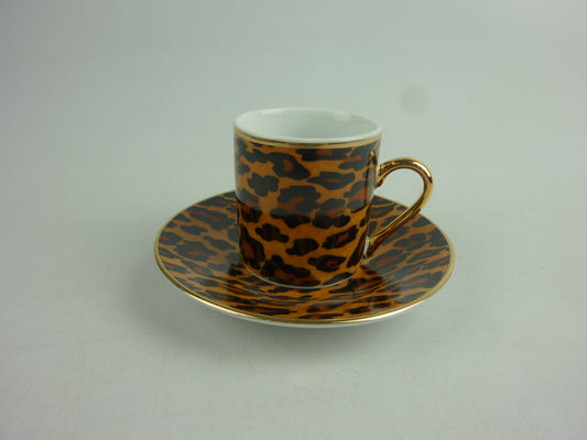 Tazzine per caffè tipo espresso con piattino, bordate in oro e decoro a macchie di leopardi