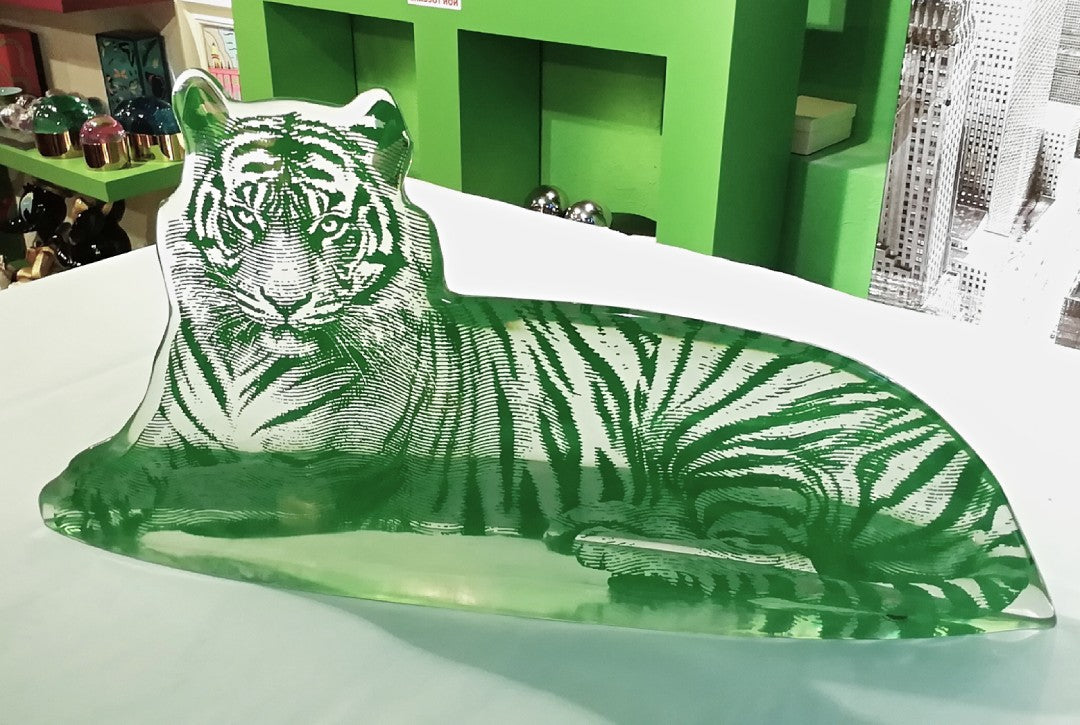 Jonathan Adler - Acrylic Green Tiger - Tigre in acrilico scultura trasparente strisce verdi