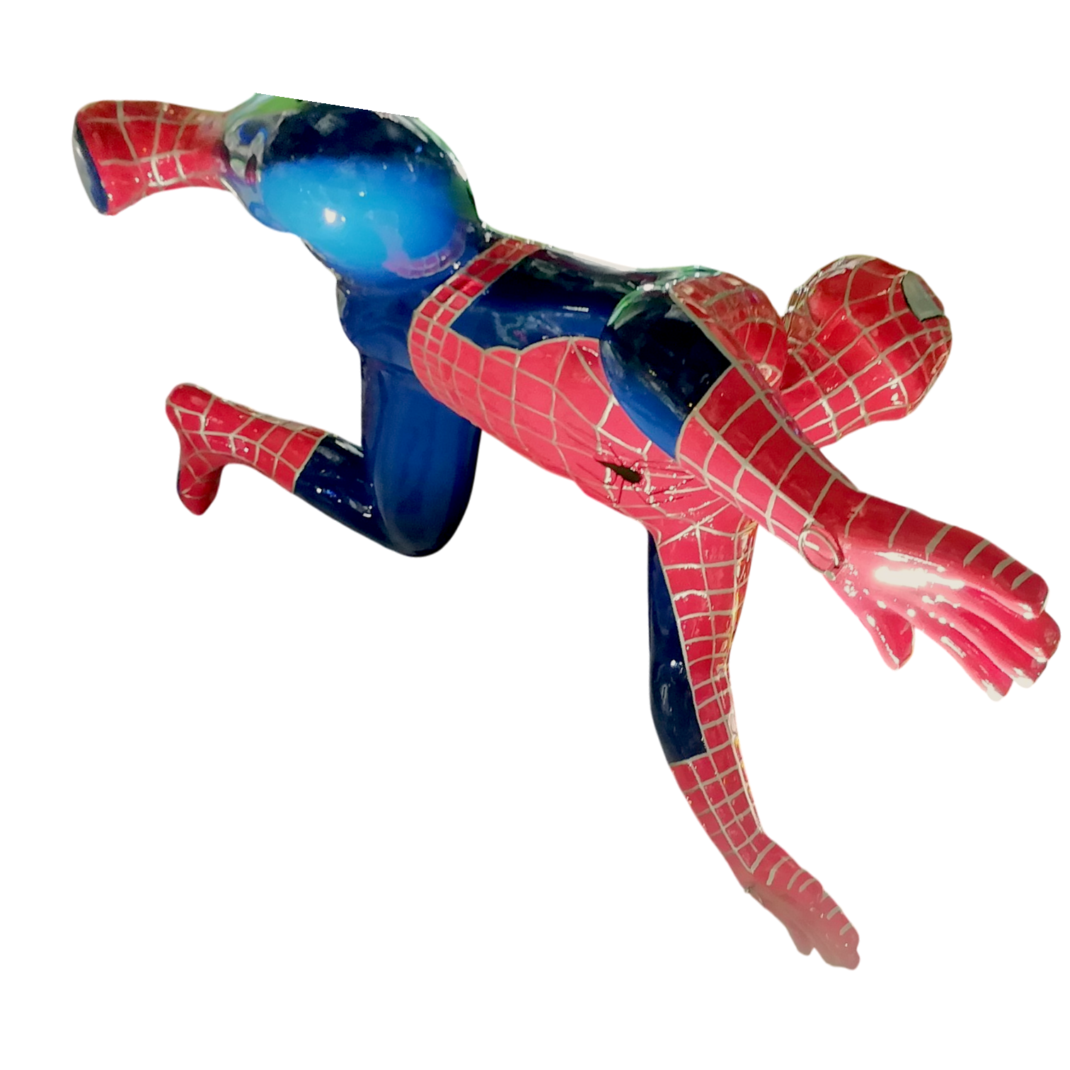 Statua Spiderman  Uomo Ragno da appendere per un effetto scenico. vista dal basso