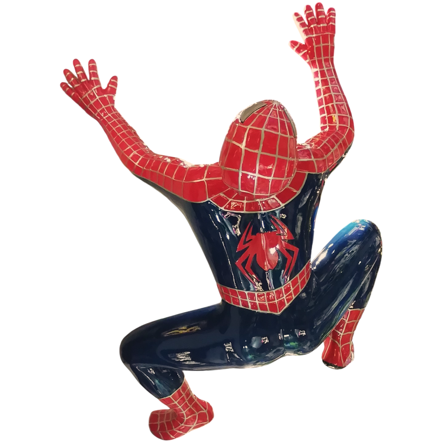 Statua Spiderman  Uomo Ragno da appendere per un effetto scenico. vista superiore